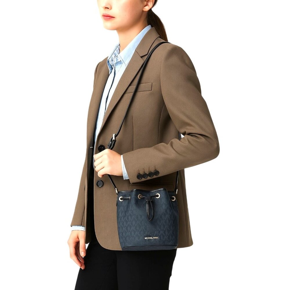 Michael Kors MK Signature Blue Bucket Bag Designer Logo Tote Gold Hardware - Picture 8 of 13